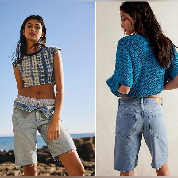 FREE PEOPLE WE THE FREE GHOST TOWN HIGH RISE LONG SHORTS DENIM BERMUDA REVOLVE - Picture 1 of 10